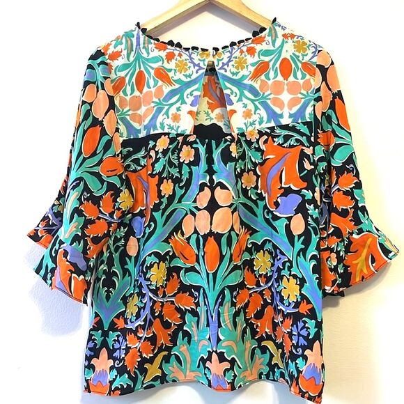 Maeve Anthropologie Folkart Kimono Top Silk Ruffle Floral Fairy Boho Chic Sz 2 - Picture 4 of 9